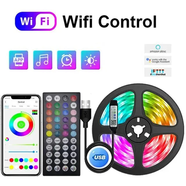 Tira de luces LED RGB con WIFI 5050, control por aplicación Bluetooth, diodo LED flexible, decoración para fiestas